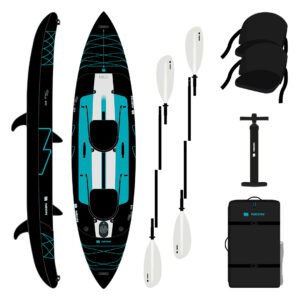 Kayak gonflable Neon Flux 390, pour 2 personnes, idéal pour les balades et randonnées. LIvré en pack complet avec pagaie et sièges. Kayak gonflable doubles enveloppe noir et bleu