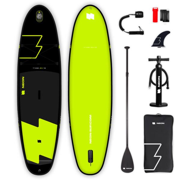 Pack Planche Stand Up Paddle Board NEON FLUOR 9'8 avec planche gonflable, aileron, pagaie, pompe haute pression, sac de transport, leash de sécurité et kit de réparation